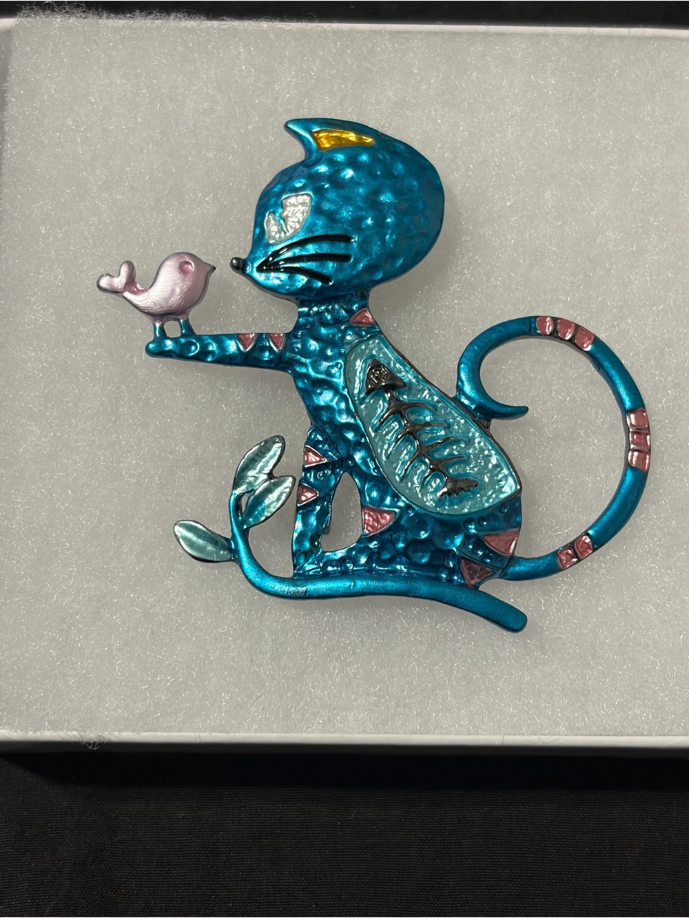 Teal Enamel Cat Brooch with Pink Bird Accent